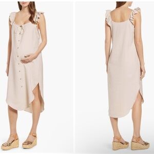 HATCH Jenna White Striped Ruffle Button Cottage Maternity Midi Dress Sz Small